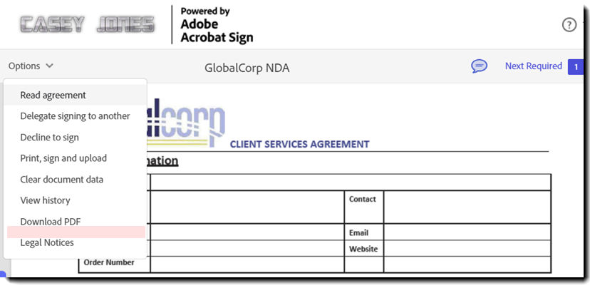 The e-sign page with the options menu expanded and the "Download individual documents" option missing.