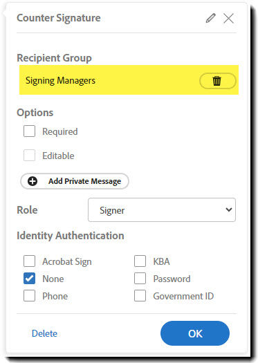 Example of a recipient with a recipient group installed and highlighted