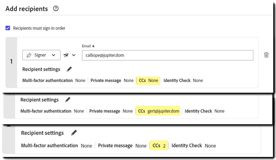 The "Send " page highlighting the "CCs" value for an unconfigured recipient, a recipient with one CC, and a recipient with two CCd parties.