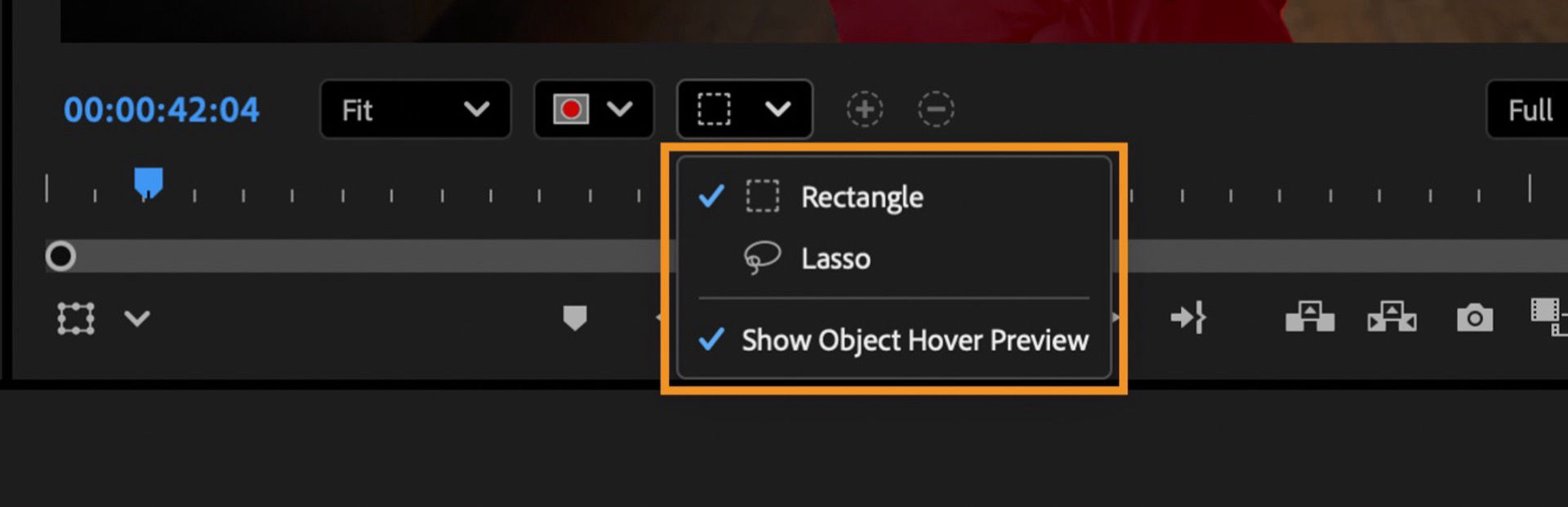 The Rectangle and Lasso tools are highlighted to select objects. Hover preview is enabled for faster, more accurate selections in the Program Monitor.