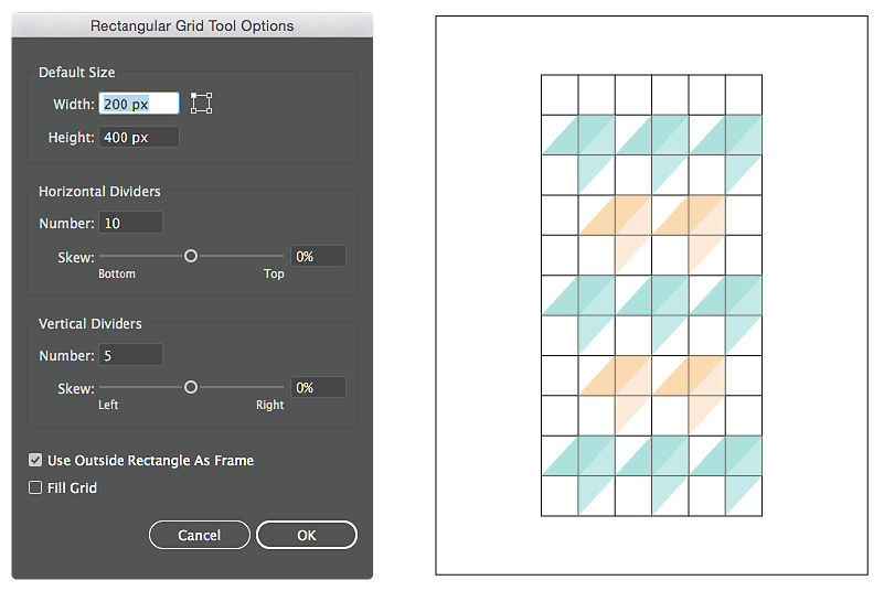 Rectangular Grid Tool Options dialog with Width, Height, Horizontal Dividers, Vertical Dividers, Use Outside Rectangle As Frame, and Fill Grid settings, beside an example rectangular grid.