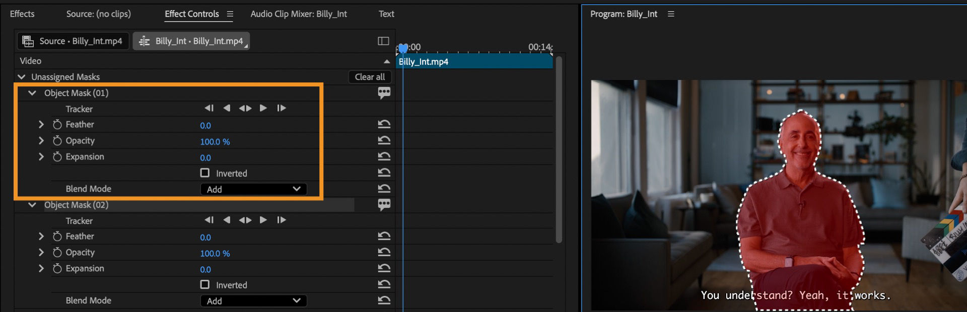 Effect Controls panel with Object Mask refinement options highlighted, including Feather, Opacity, Expansion, Inverted, and Blend Mode.