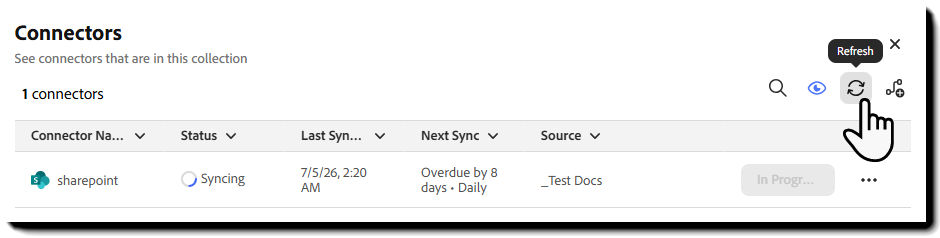 Manage connectors window with Refresh and Add new controls above the connector list.