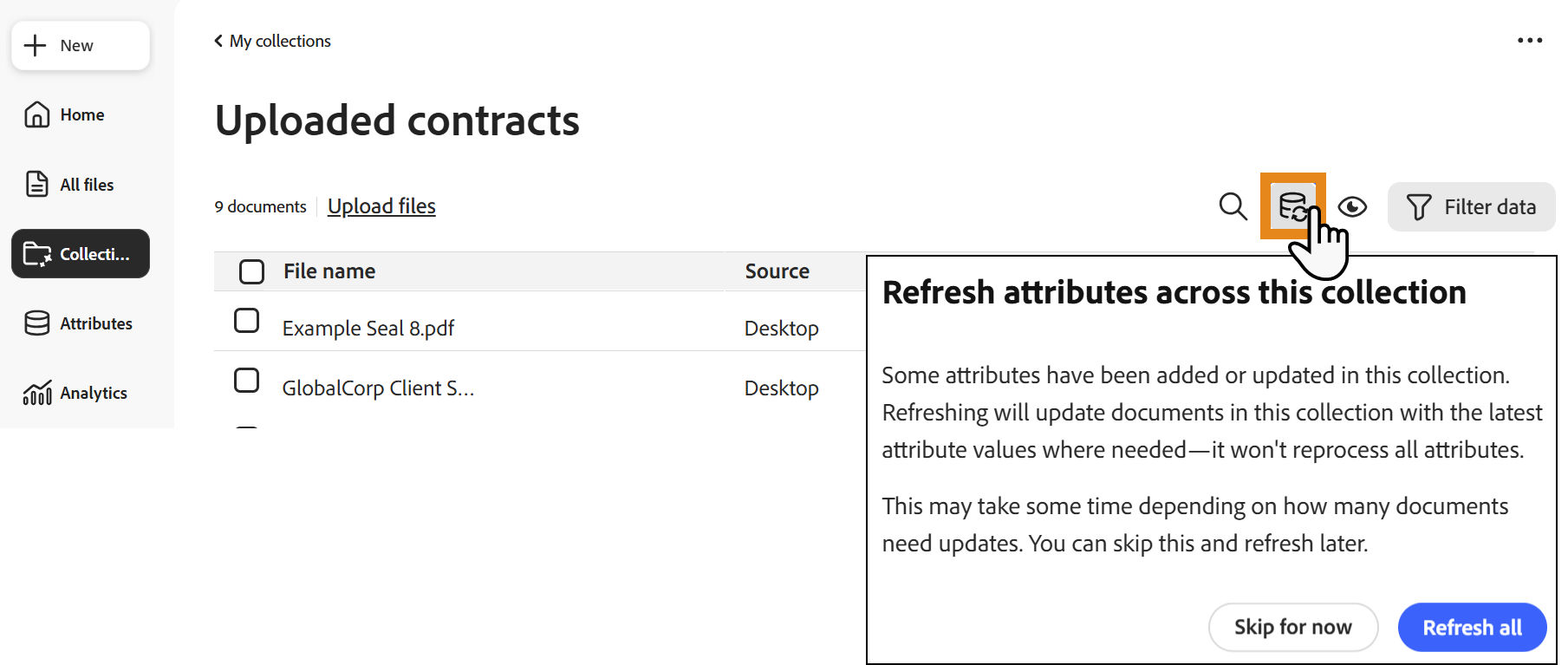 Collection view with the Refresh outdated attributes icon highlighted.