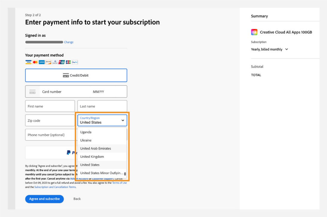 Select your new country from the Country/Region drop-down options.