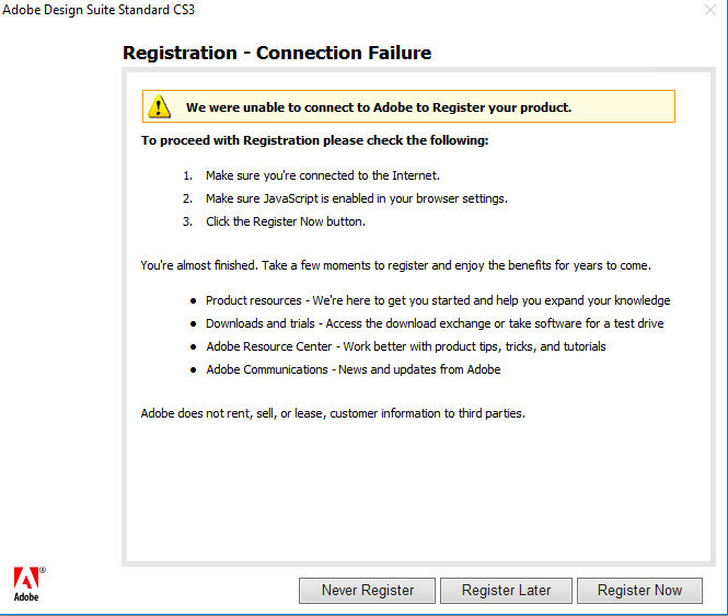 Registration - Connection failure