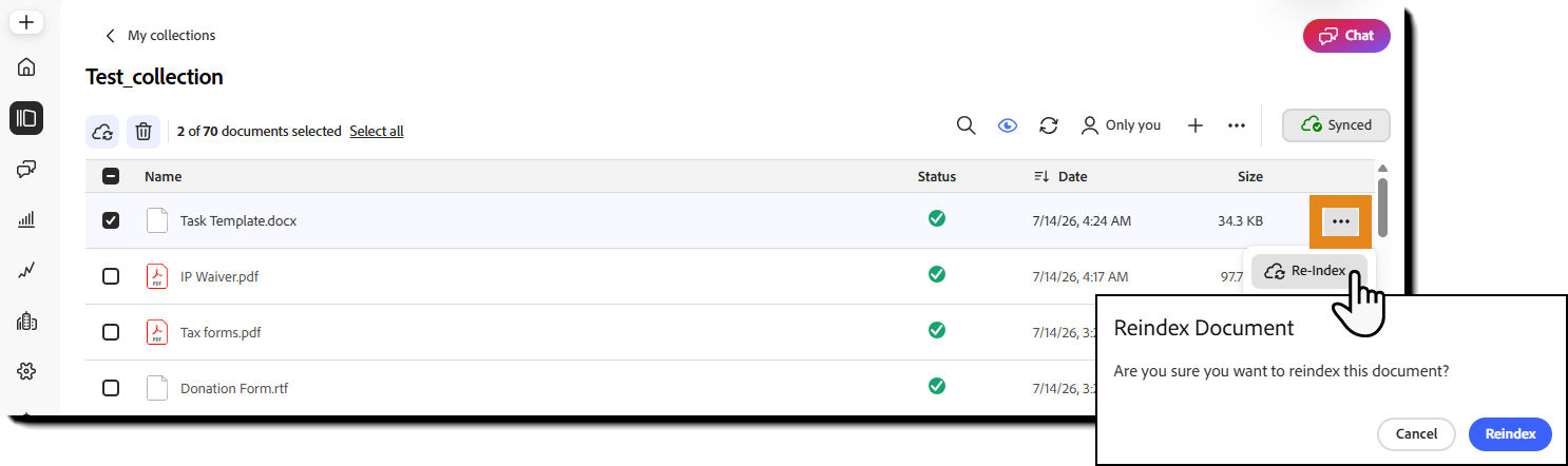 Uploaded document selected in a collection with the Re-index action available.
