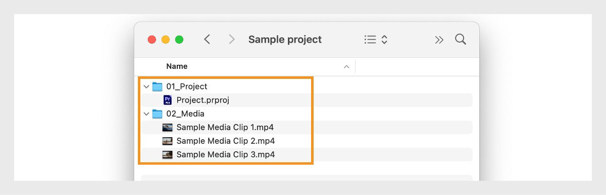 Folder structure showing project file in 01_Project and media files in 02_Media within the same parent directory.