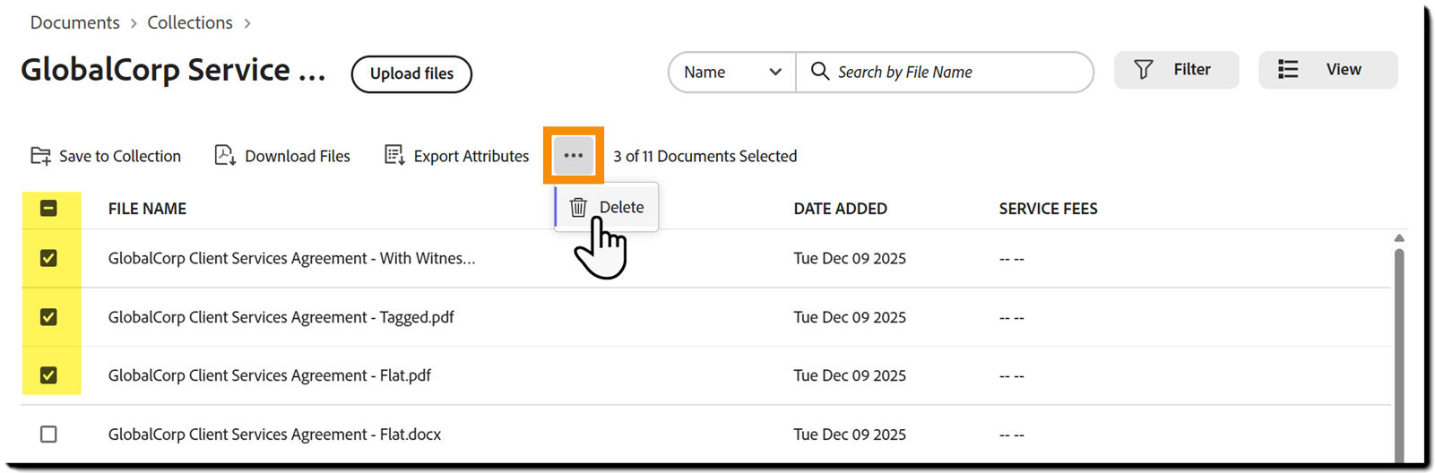 The collection list of files with the Delete button highlighted