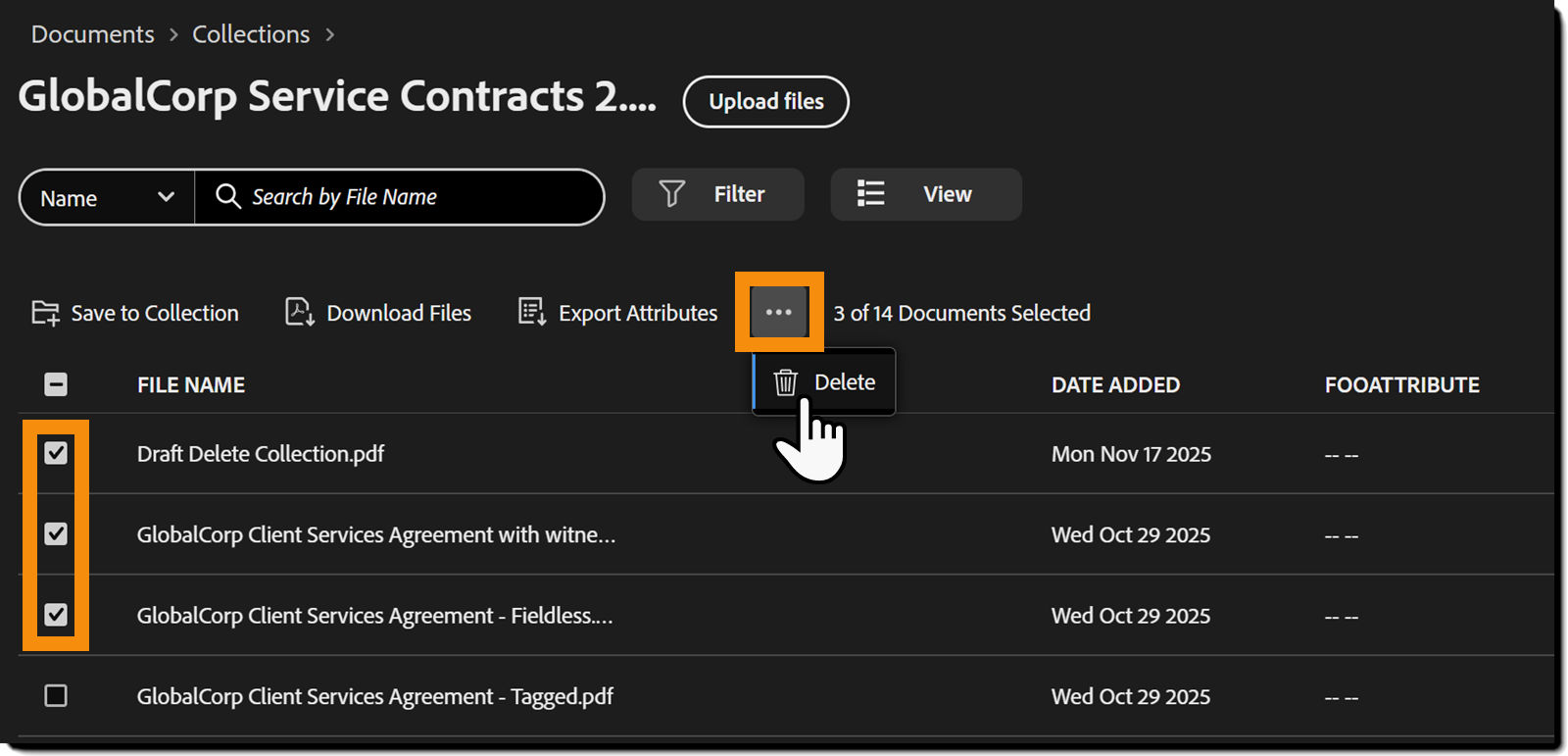 The collection list of files with the Delete button highlighted