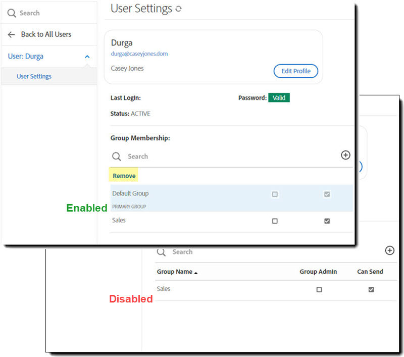 The User Settings interface showing one instance with the default group visible and the other the default group is not evident