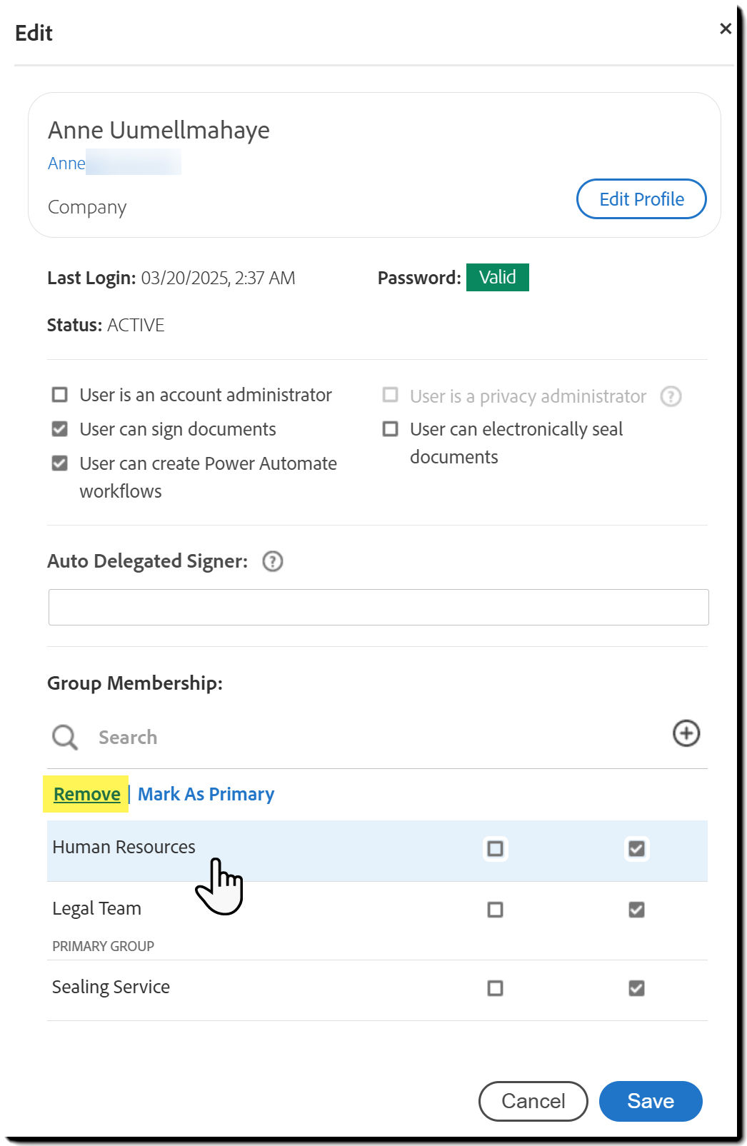 The User Profile panel with the Remove link highlighted for the user group.