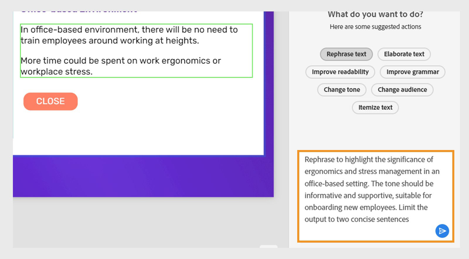 Rephrase text dialog showing the Visual properties panel with Generate text option and a dropdown menu with Rephrase text selected.