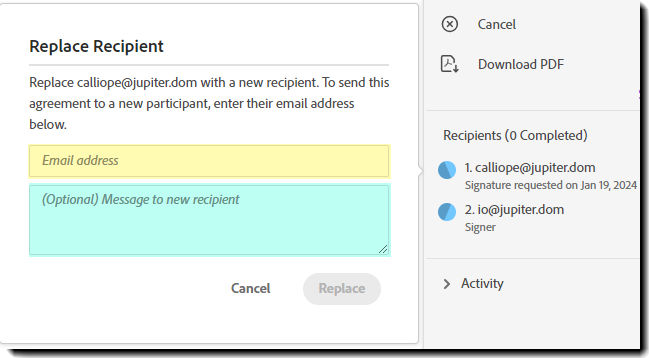 The Replace Recipient interface on the Manage page