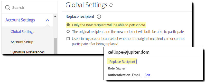 The Global Settings admin menu highlighting the Replace Recipient option with an inset of the Manage page controls for the sender.