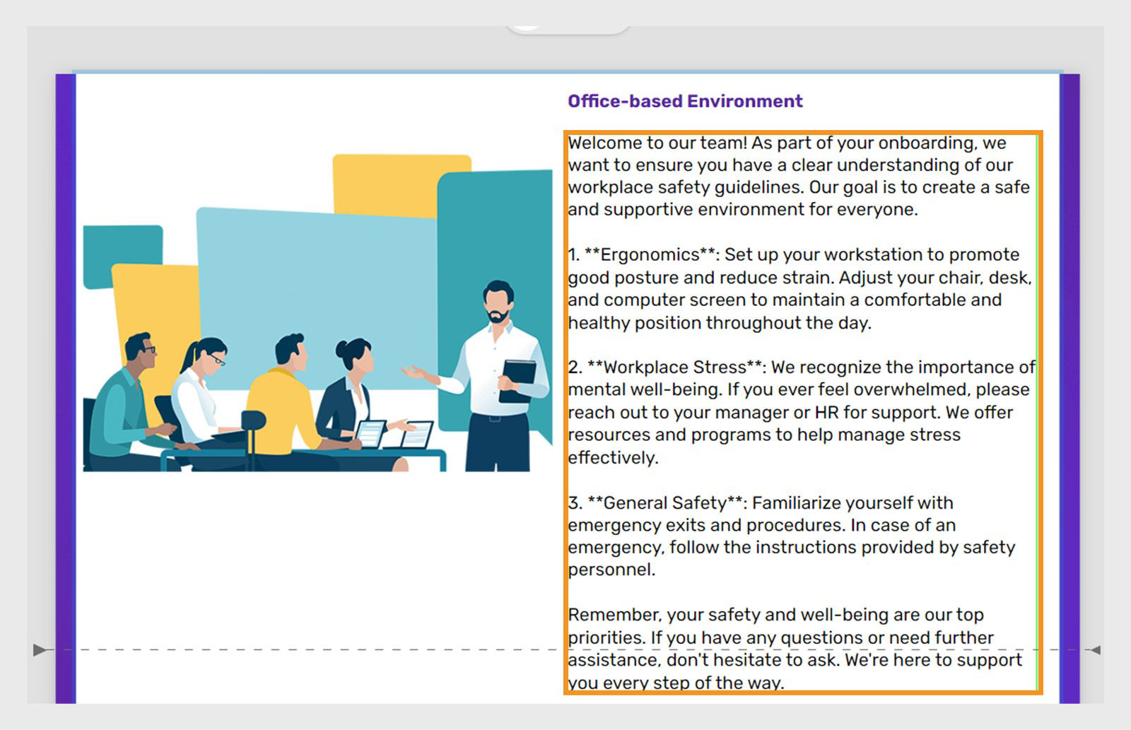 Adobe Captivate slide interface showing AI-generated onboarding content for an office-based environment. The text includes sections on ergonomics, workplace stress, and general safety, replacing the original short placeholder text with more detailed, learner-focused instructions.