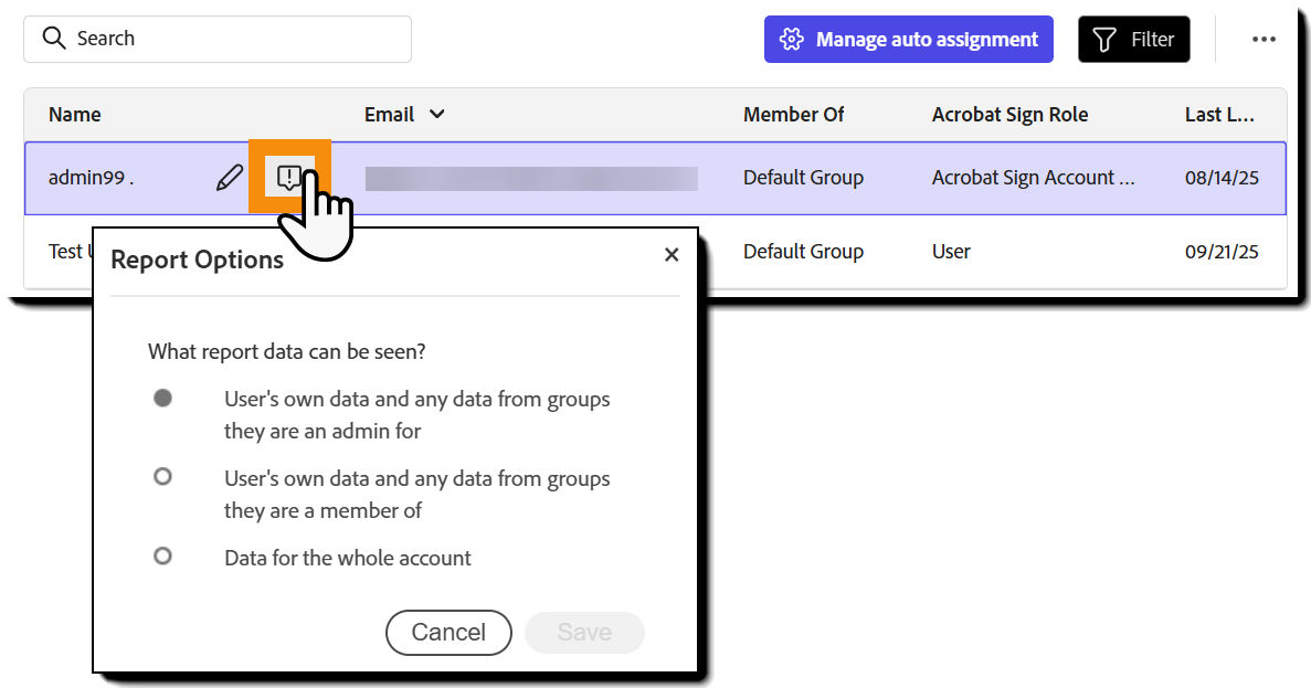 The expanded user actions with Report Options highlighted.
