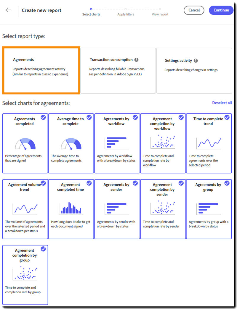 The Reports picker page open with Agreement reports expanded