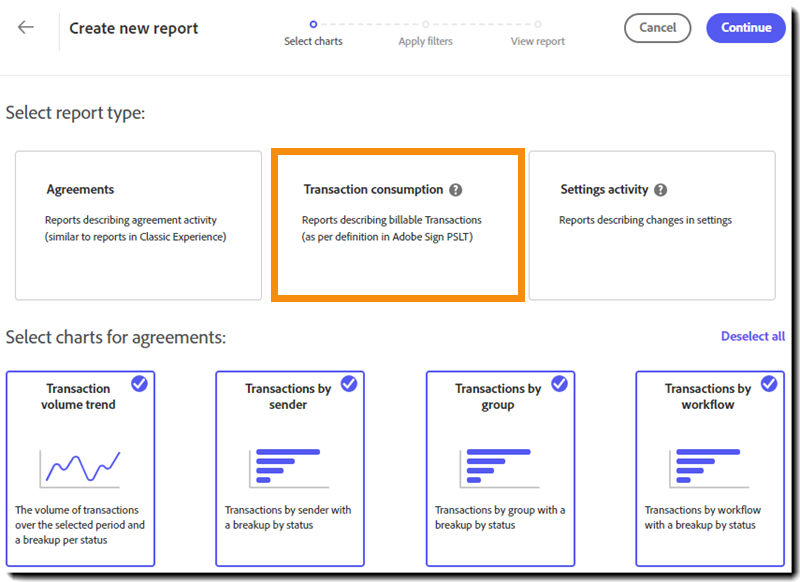 The Reports picker page open with Transaction consumption reports expanded