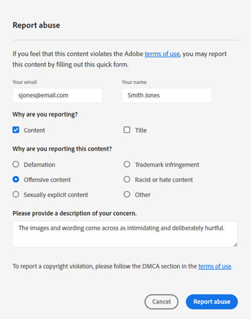 Report abuse dialog in Adobe Acrobat shows options to add information about the concern and the reporter details.