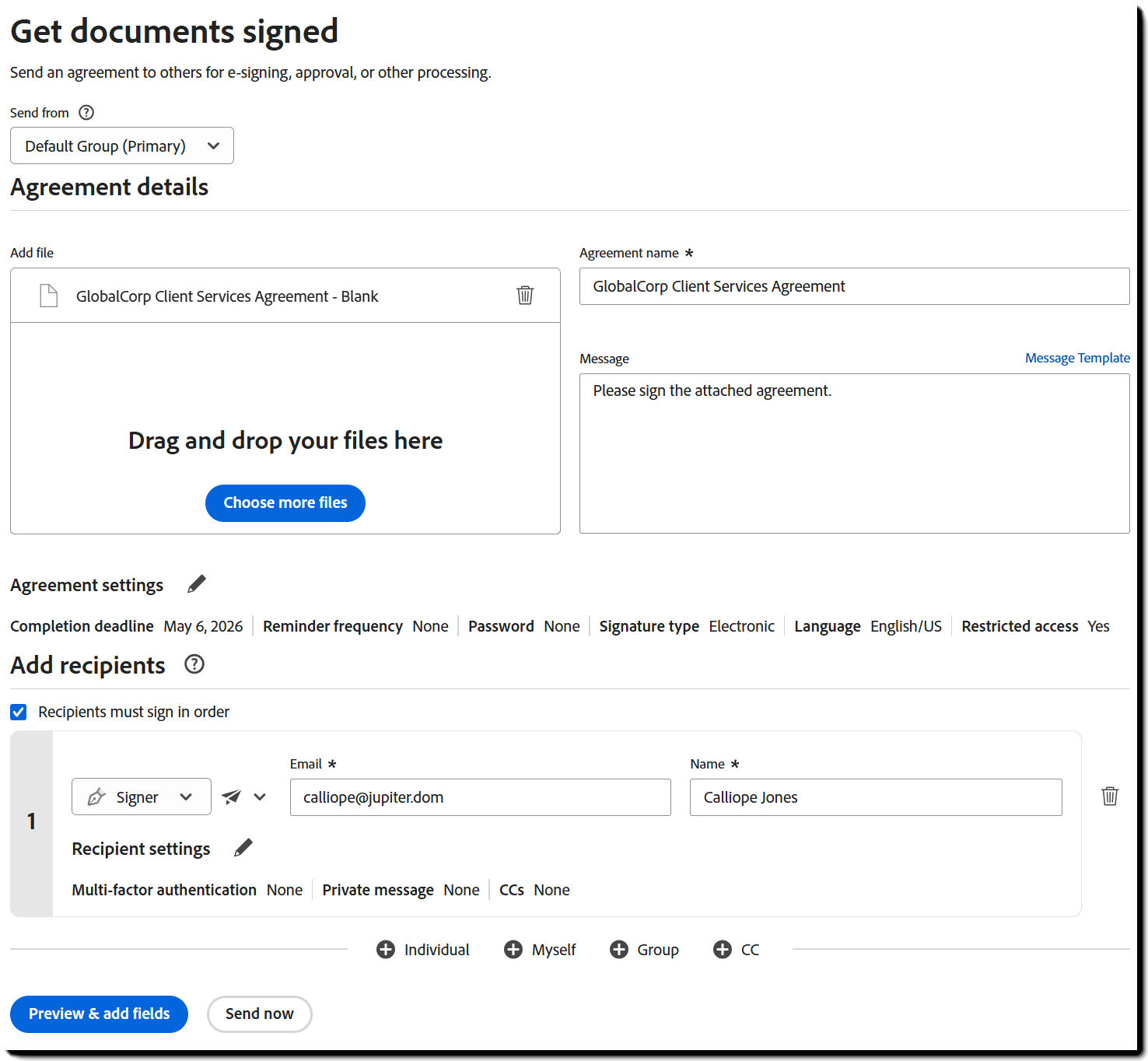 Request Signature page showing a document added and a recipient defined