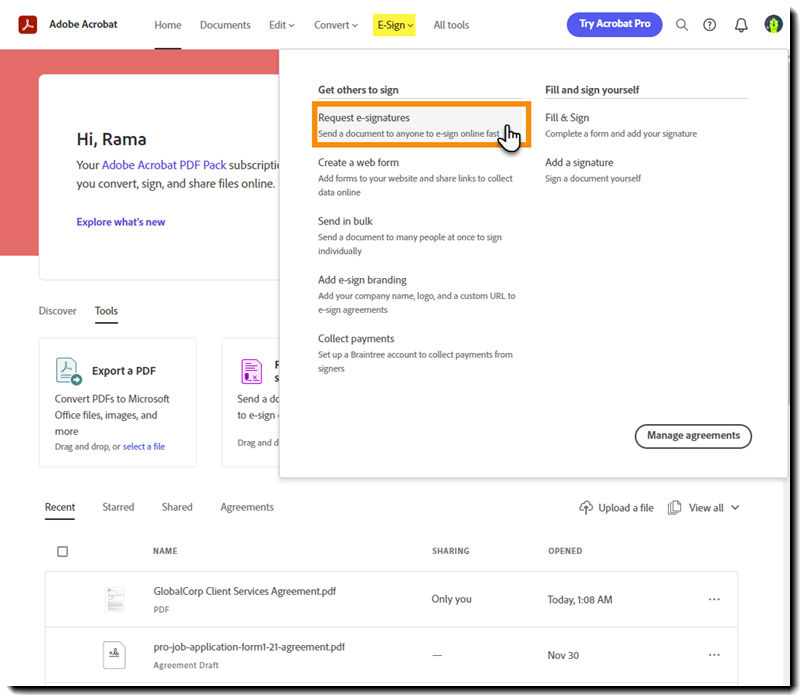 Request e-signatures from header