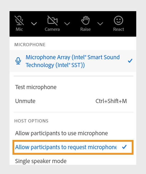 Microphone settings menu showing the option to allow participants to request microphone access during a meeting