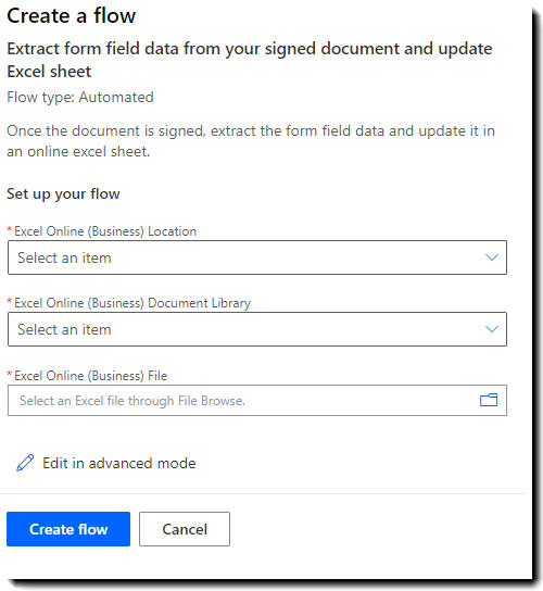 The Create a flow page showing the fields required to configure the Connectors.