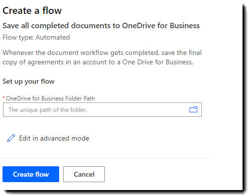 The Create a flow page showing the fields required to configure the Connectors.