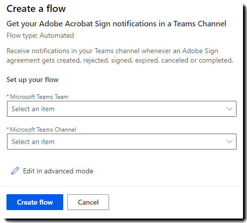 The Create a flow page showing the fields required to configure the Connectors.