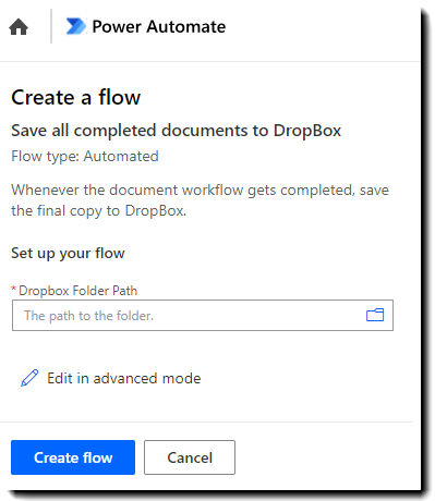 The Create a flow page showing the fields required to configure the Connectors.