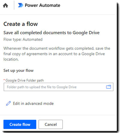 The Create a flow page showing the fields required to configure the Connectors.