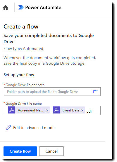 The Create a flow page showing the fields required to configure the Connectors.