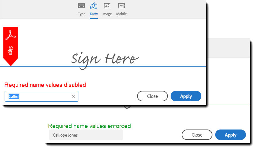 Require recipient name signature panel