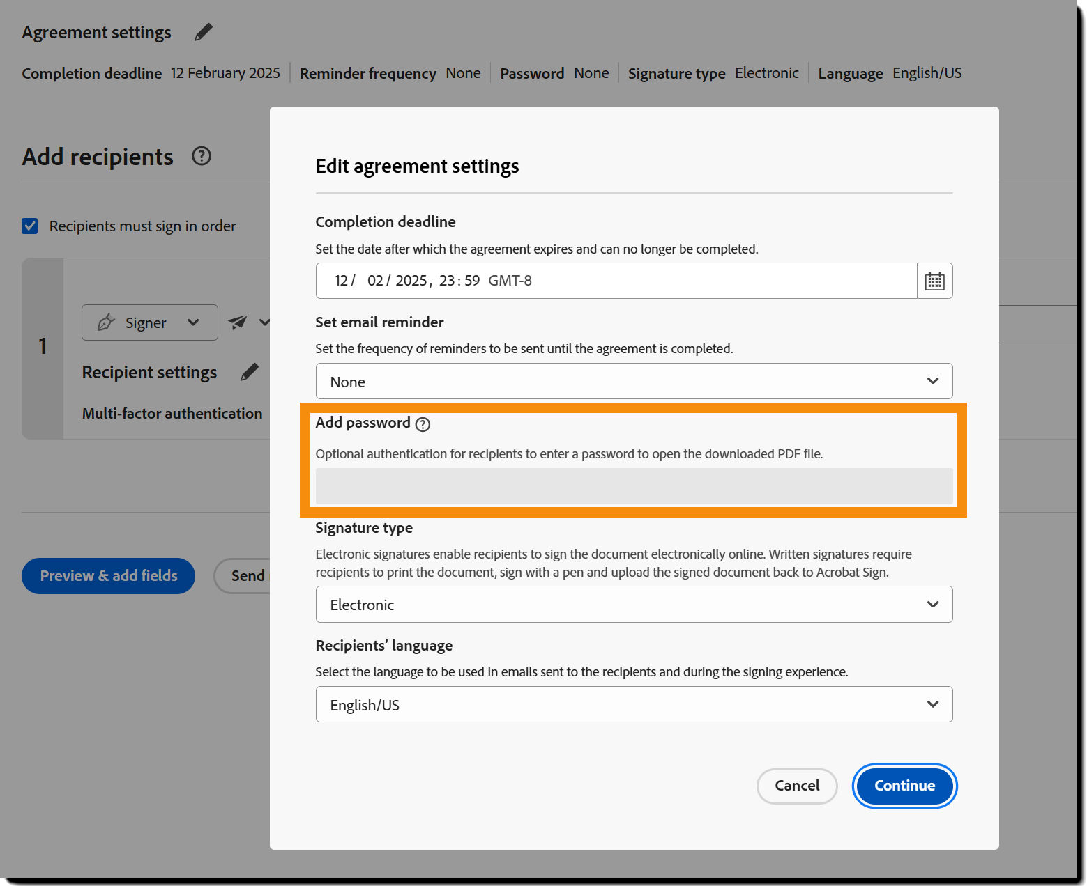 The Agreements Settings section of the agreement highlighting the locked Add password field.