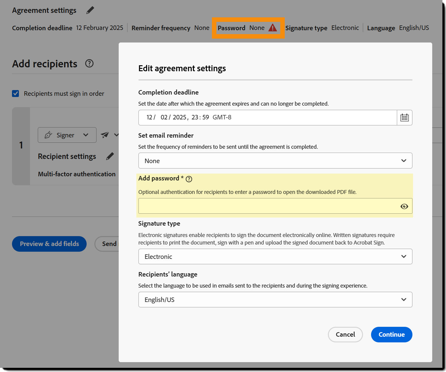 The Agreements Settings section of the agreement with the Add password option configuration alert highlighted.