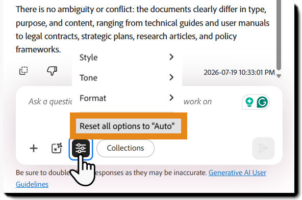 AI Assistant response customization menu showing the Reset all options to Auto action.