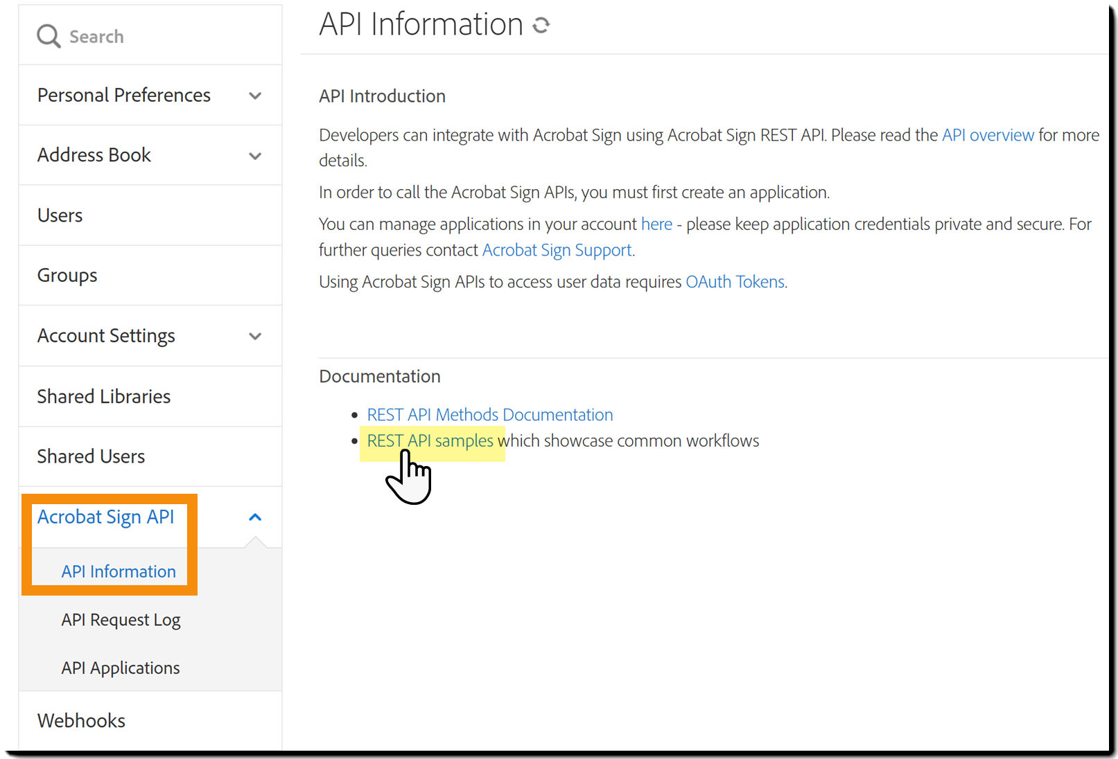 The API Information page highlighting the REST API Samples link.