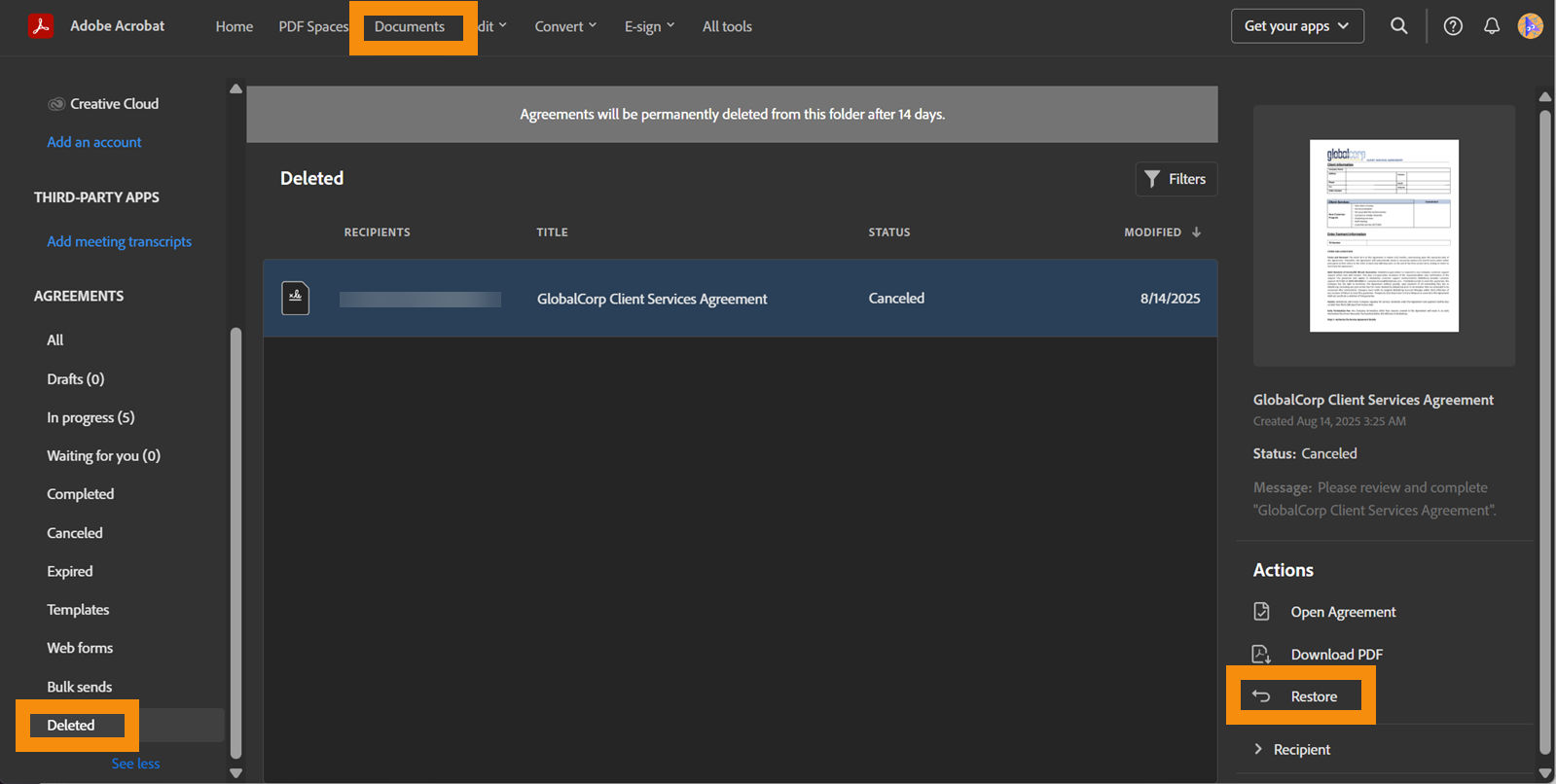 The Acrobat Documents page with the Restore action highlighted