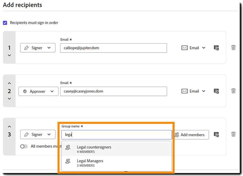 The Request Signatures "Add recipeint" section with a group name4 being added and the resulting list of groups displayed.