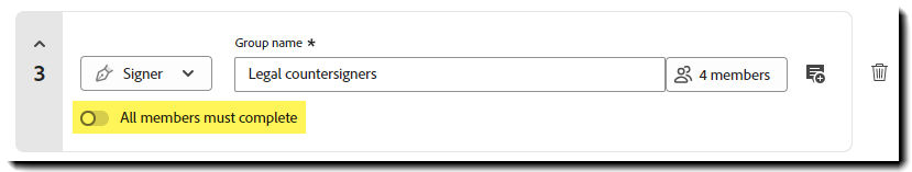 The Request Signatures "Add recipeint" section highlighting a group recipient with the "All members must complete toggle" highlighted.