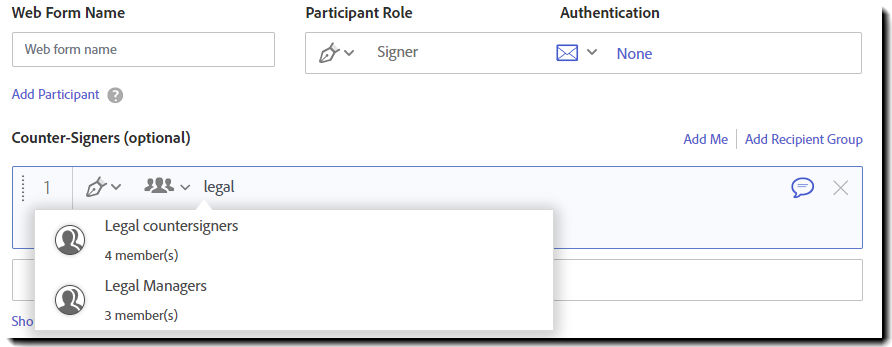 Web forms configuration displaying the reusable recipient groups