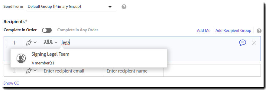 The Send page showing a recipient group with a partly typed in group name and the address book provided matches.