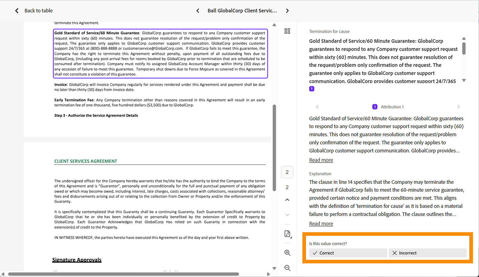 The document citation with the in-document location highlighted and the text of the extraction beside it.