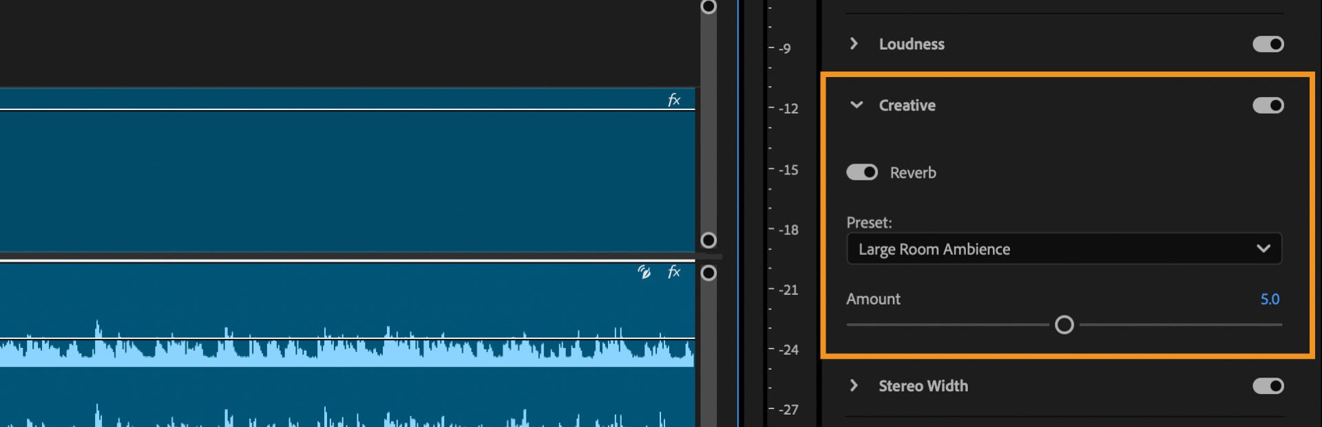 Essential Sound panel in Premiere Pro showing the Reverb preset set to “Large Reflective Room” with the Amount slider set to 5.0.