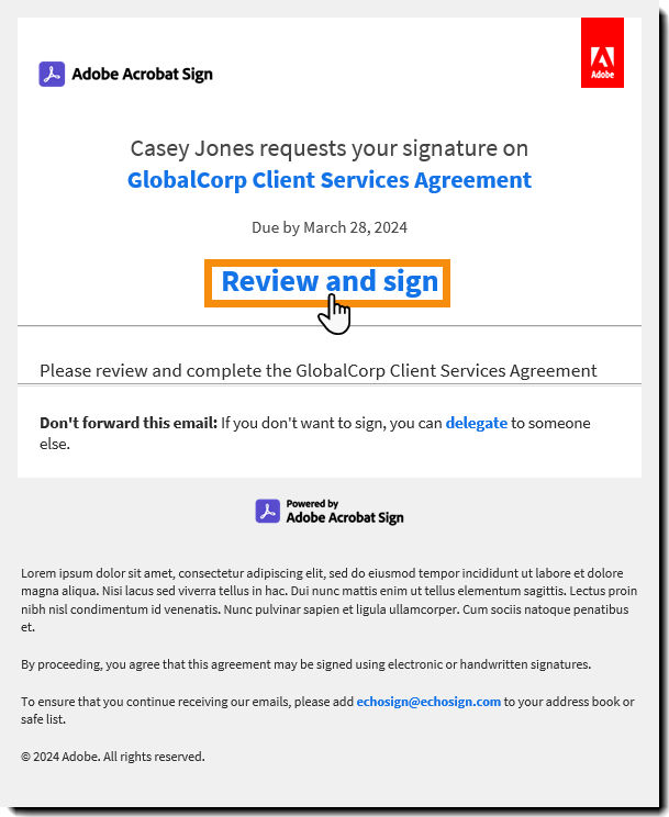 The "Review and Sign" email for recipients