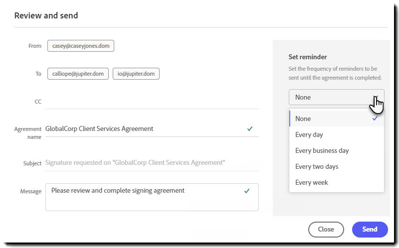 Review and send page