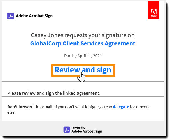 The "Review and sign" email with the link highlighted.