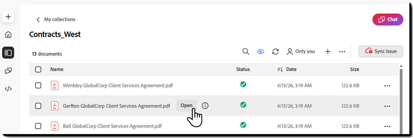 Collections filter selected with the Open action available for a collection.