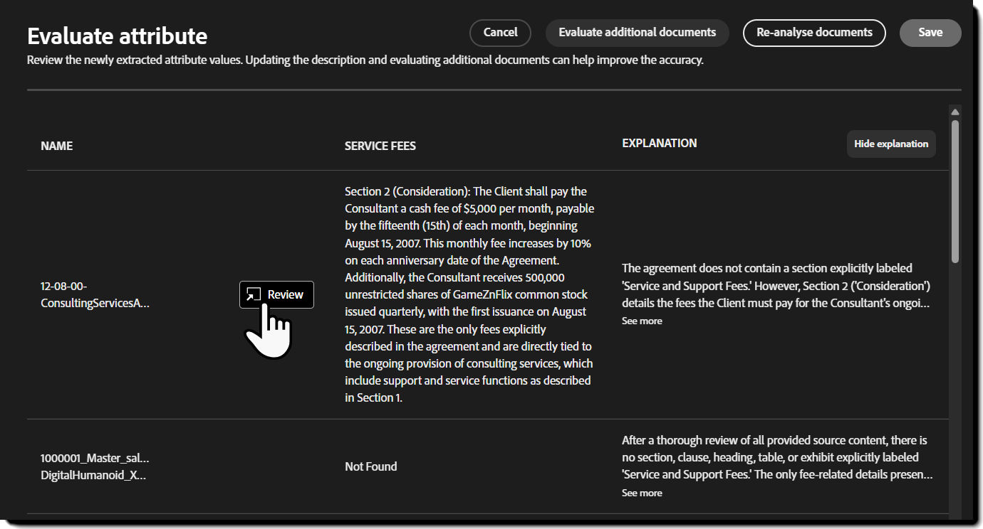 The attribute details with the Review button highlighted.